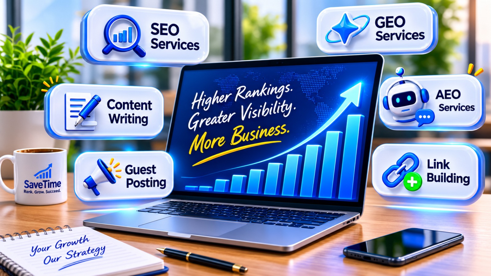 save time business growth pic with seo, geo, aeo icons